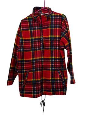 VTG Bike Red Plaid Fleece Jacket Full Zip Drawstring Hem Polyester Womens Size L